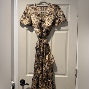 Lush leopard charmuese dress belted faux wrap with ruffle size 6 brown leopard